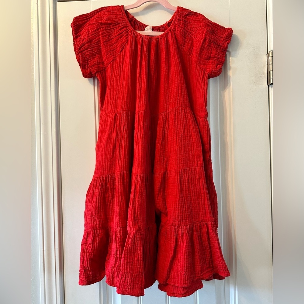 Ivy City Girls 9-10 Red Seersucker Textured Tiered Dress